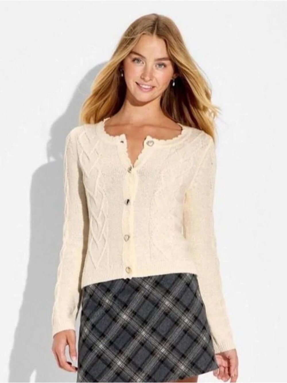 Wild fable Cream Cable-Knit Cardigan with Heart Buttons NWT Medium